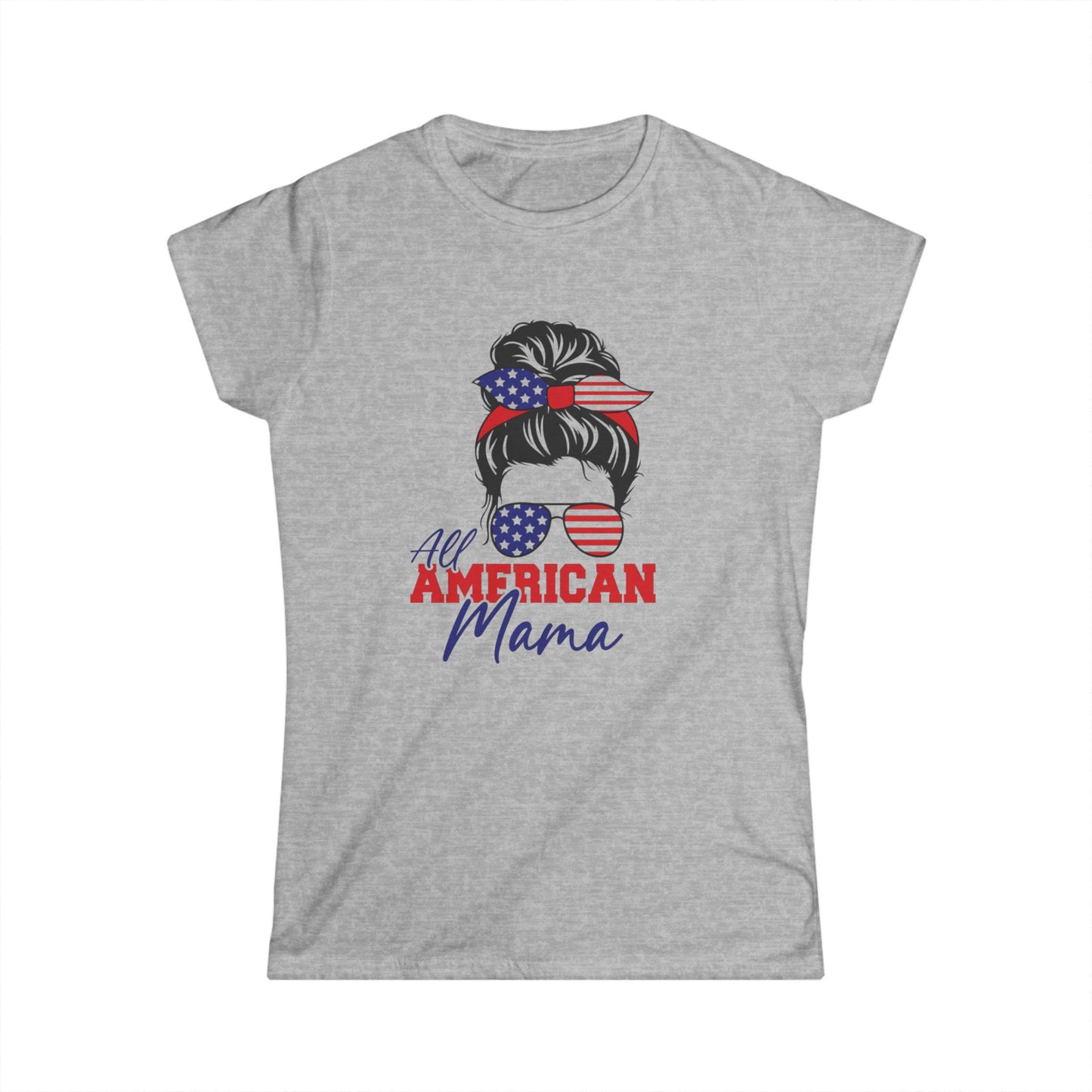 All American Mama Women's Softstyle Tee | Patriotic T-Shirt, Independence Day Apparel, Gifts for Moms, Summer Shirt, USA Pride Tee