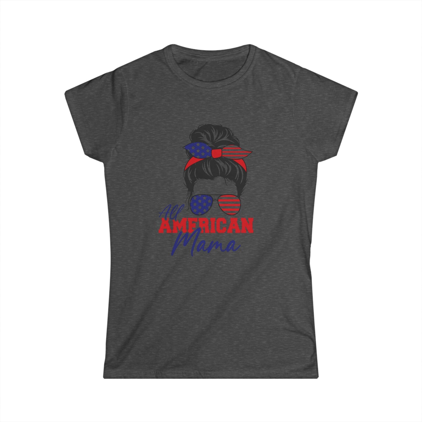 All American Mama Women's Softstyle Tee | Patriotic T-Shirt, Independence Day Apparel, Gifts for Moms, Summer Shirt, USA Pride Tee
