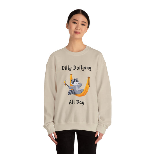 Dilly Dallying Raccoon Sweatshirt - Cozy Unisex Crewneck for Relaxation and Fun