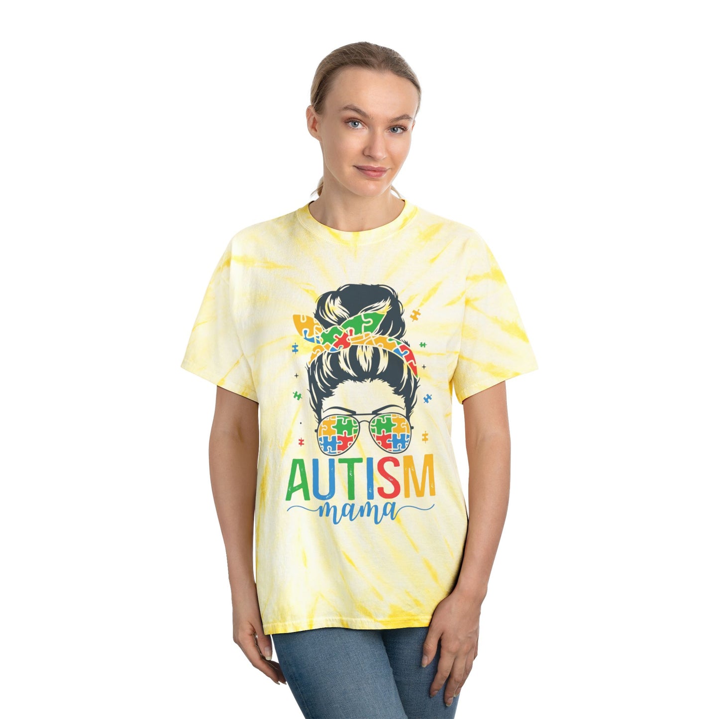 Autism Mama Tie-Dye Tee - Bright Yellow Cyclone Design