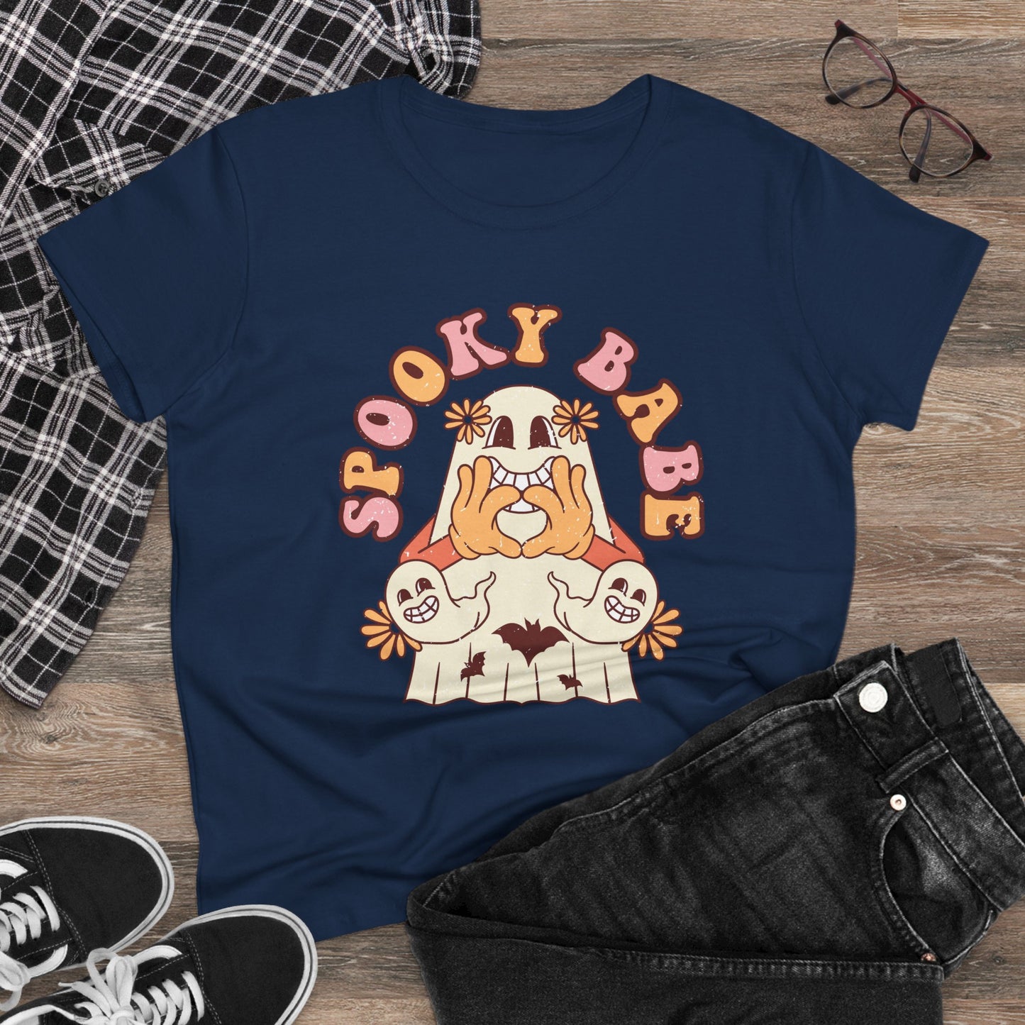 Spooky Babe Tee, Women's Midweight Cotton T-Shirt, Halloween Fashion, Casual Halloween Attire, Vintage Graphic Tee, Trendy Fall Shirt