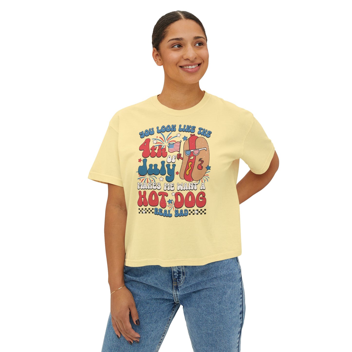 Patriotic July 4th Boxy Tee, Casual Summer Top, Fun Holiday Wear, Firework Theme Shirt, Independence Day T-Shirt