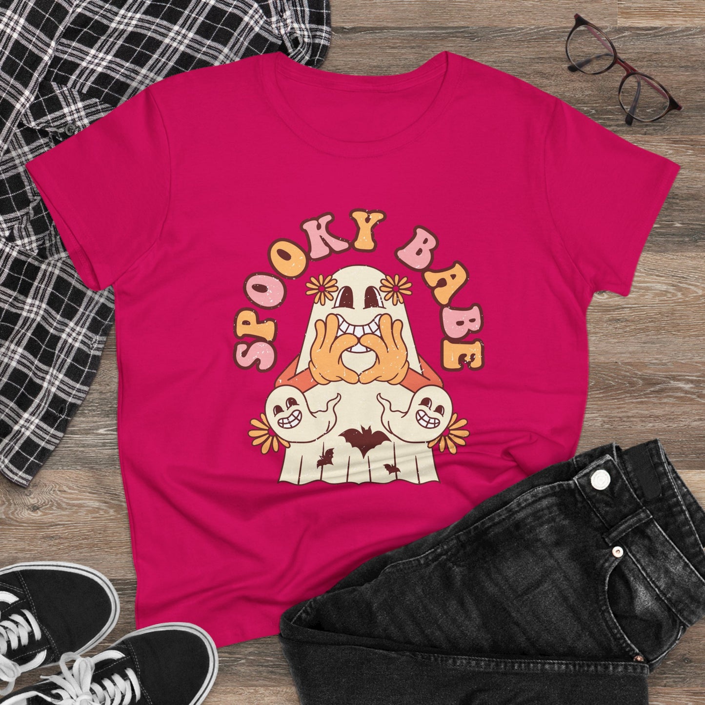 Spooky Babe Tee, Women's Midweight Cotton T-Shirt, Halloween Fashion, Casual Halloween Attire, Vintage Graphic Tee, Trendy Fall Shirt