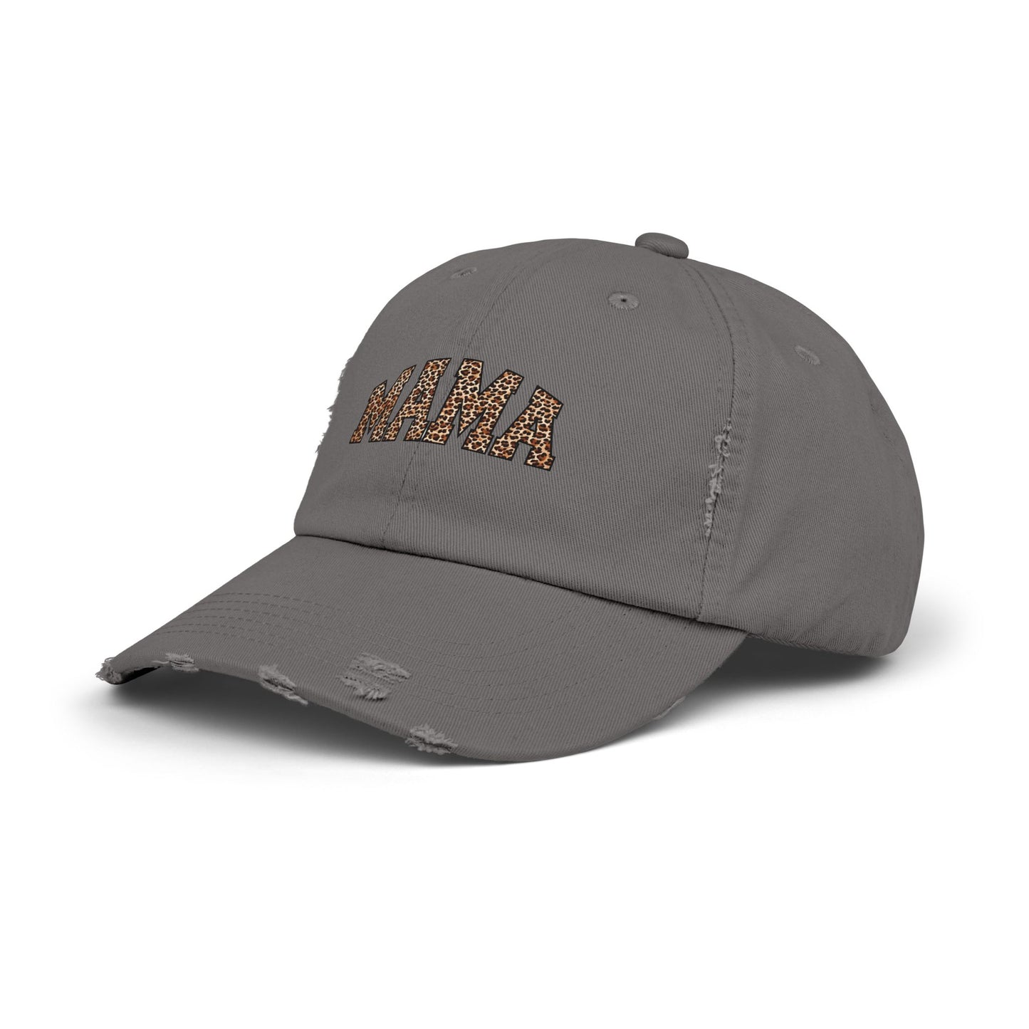 Distressed Mama Cap - Unisex Black Hat with Trendy Leopard Print
