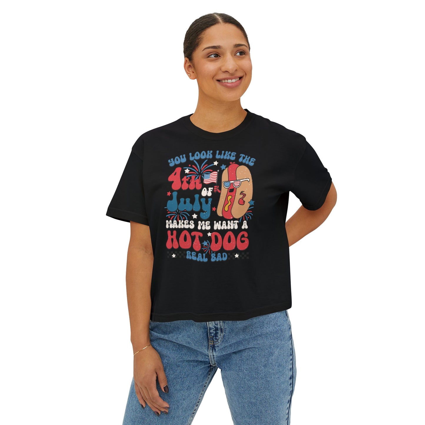 Patriotic July 4th Boxy Tee, Casual Summer Top, Fun Holiday Wear, Firework Theme Shirt, Independence Day T-Shirt