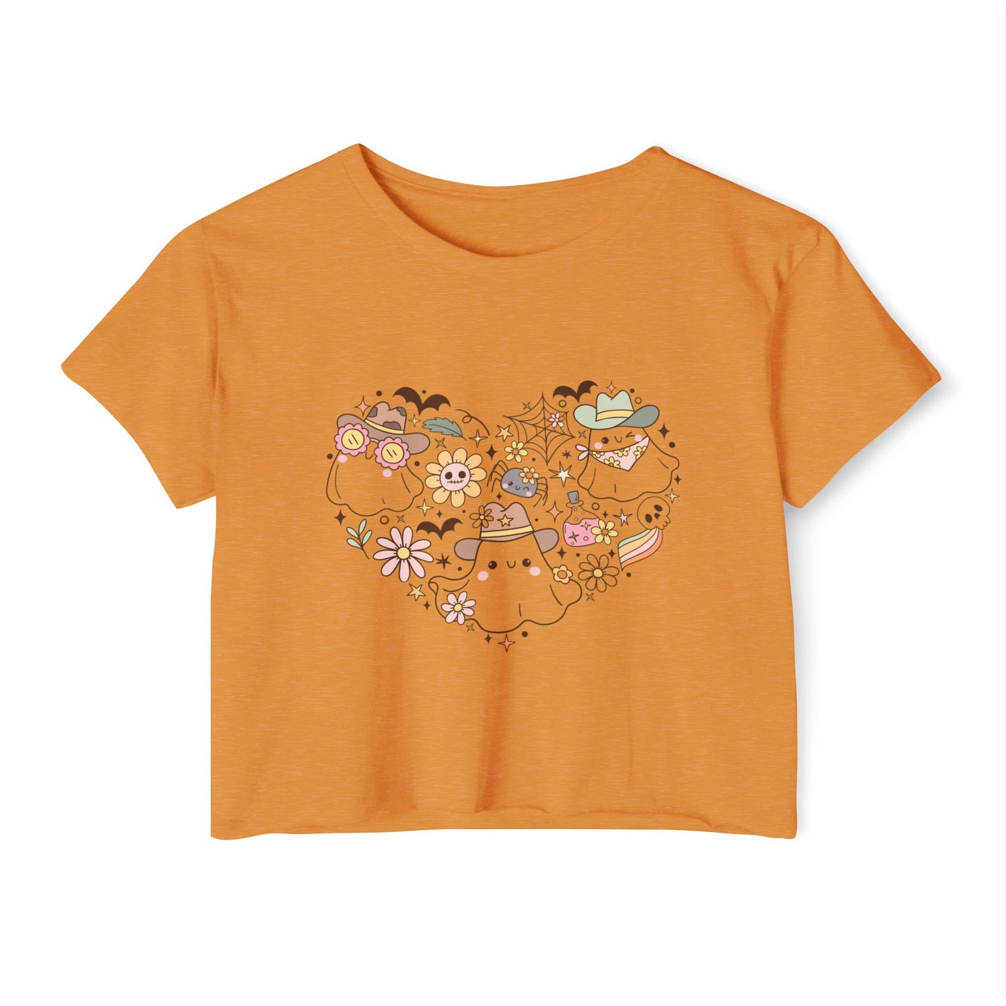 Women's crop Top with Floral Ghost Design, Summer T-Shirt, Boho Style Top, Festival Wear, Cute Casual Summer Shirt