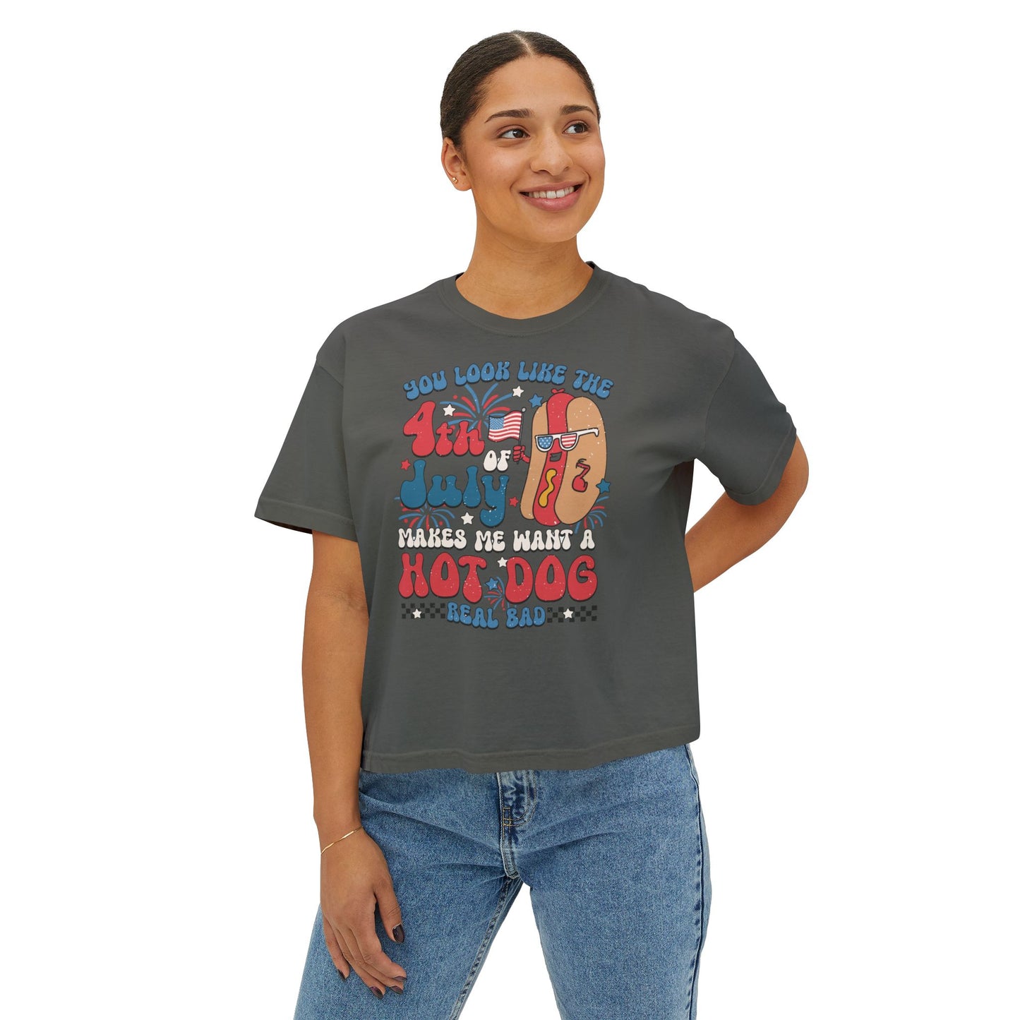 Patriotic July 4th Boxy Tee, Casual Summer Top, Fun Holiday Wear, Firework Theme Shirt, Independence Day T-Shirt