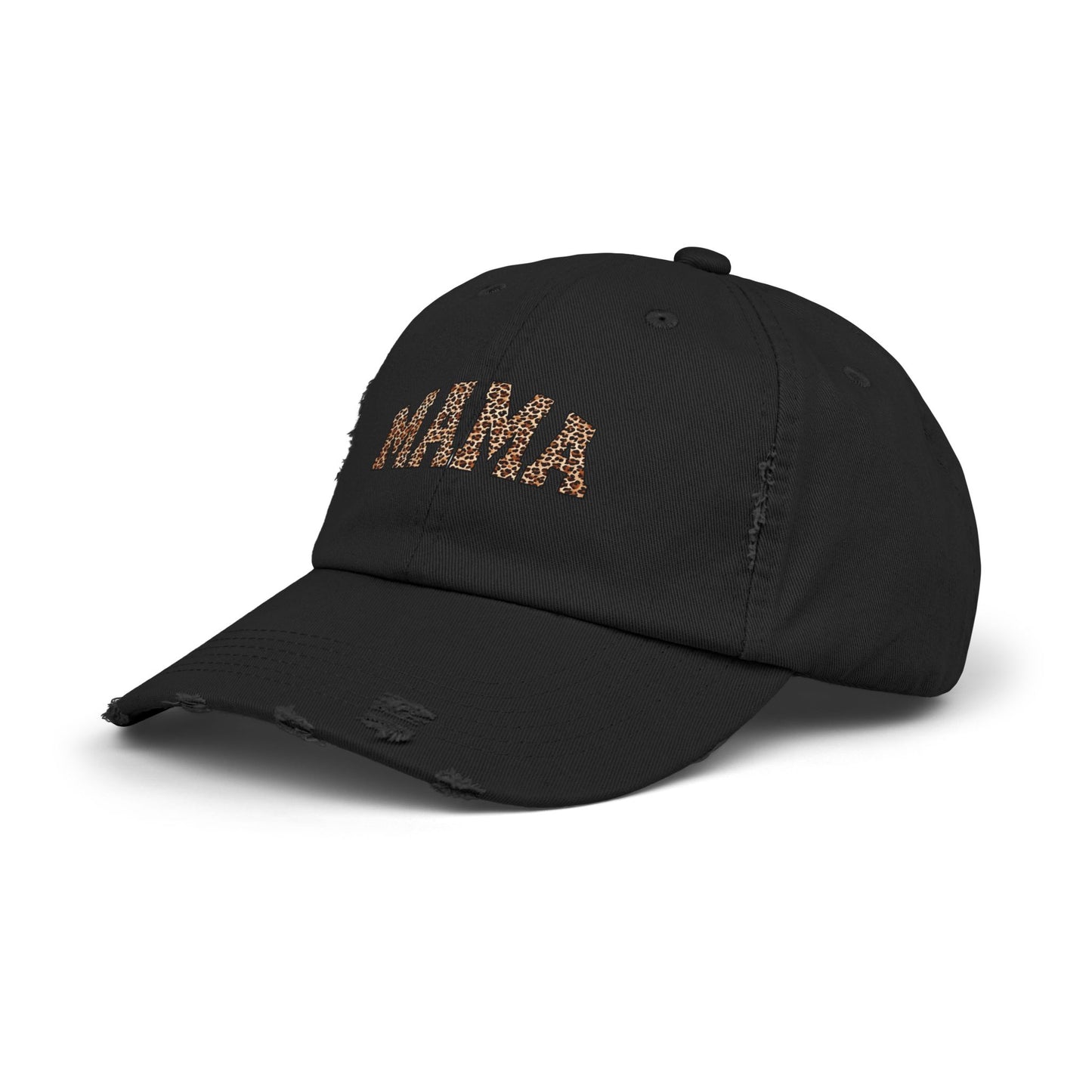 Distressed Mama Cap - Unisex Black Hat with Trendy Leopard Print