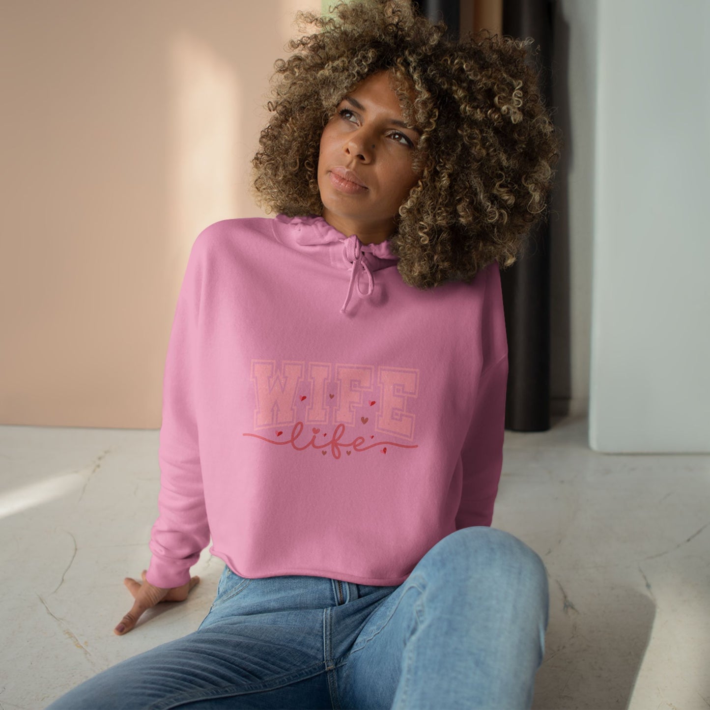 Wife Life Crop Hoodie - Trendy Pink Graphic Sweatshirt for Couples and Celebrations