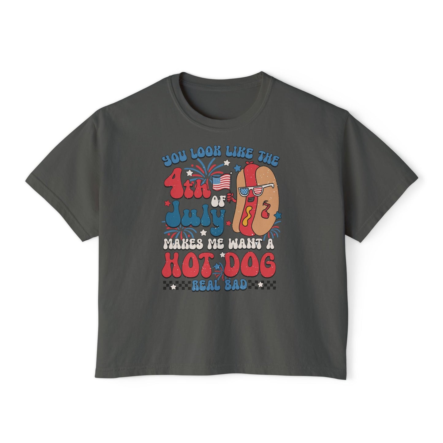Patriotic July 4th Boxy Tee, Casual Summer Top, Fun Holiday Wear, Firework Theme Shirt, Independence Day T-Shirt