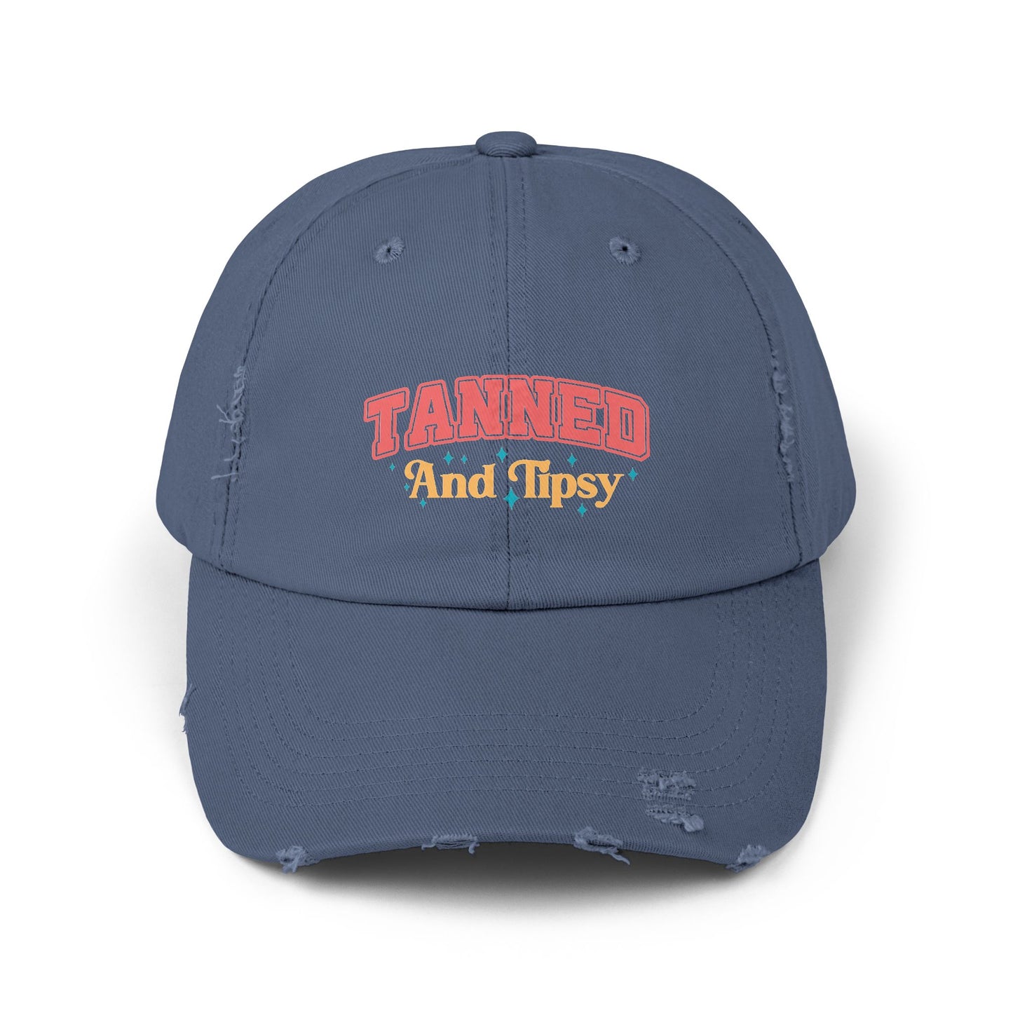 Distressed Cap with 'Tanned and Tipsy' Design | Trendy Summer Accessory, Gift for Friends, Beachwear Essential, Outdoor Events