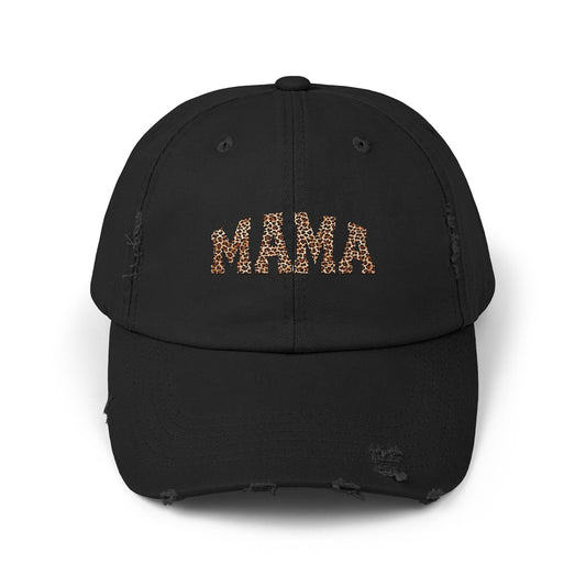 Distressed Mama Cap - Unisex Black Hat with Trendy Leopard Print
