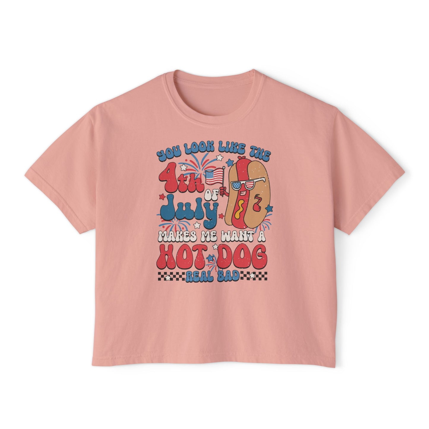 Patriotic July 4th Boxy Tee, Casual Summer Top, Fun Holiday Wear, Firework Theme Shirt, Independence Day T-Shirt