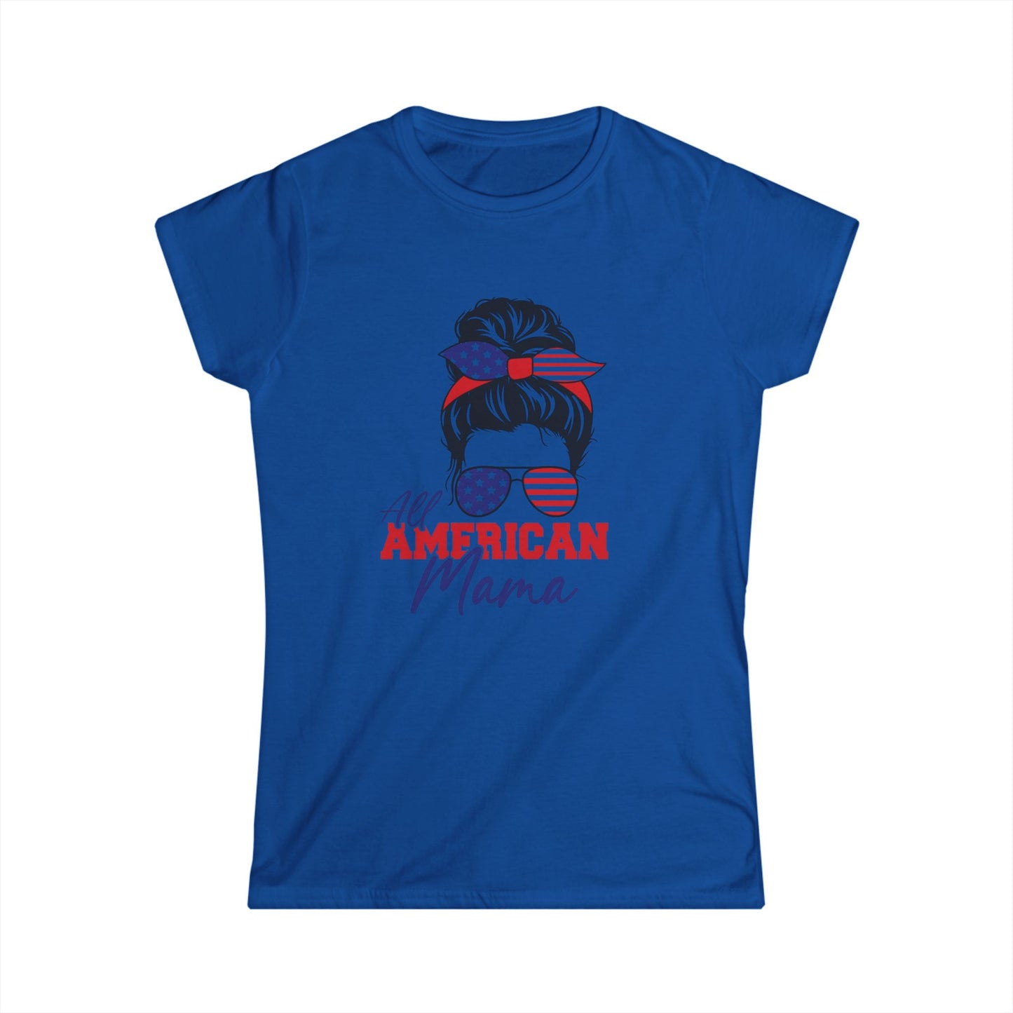 All American Mama Women's Softstyle Tee | Patriotic T-Shirt, Independence Day Apparel, Gifts for Moms, Summer Shirt, USA Pride Tee