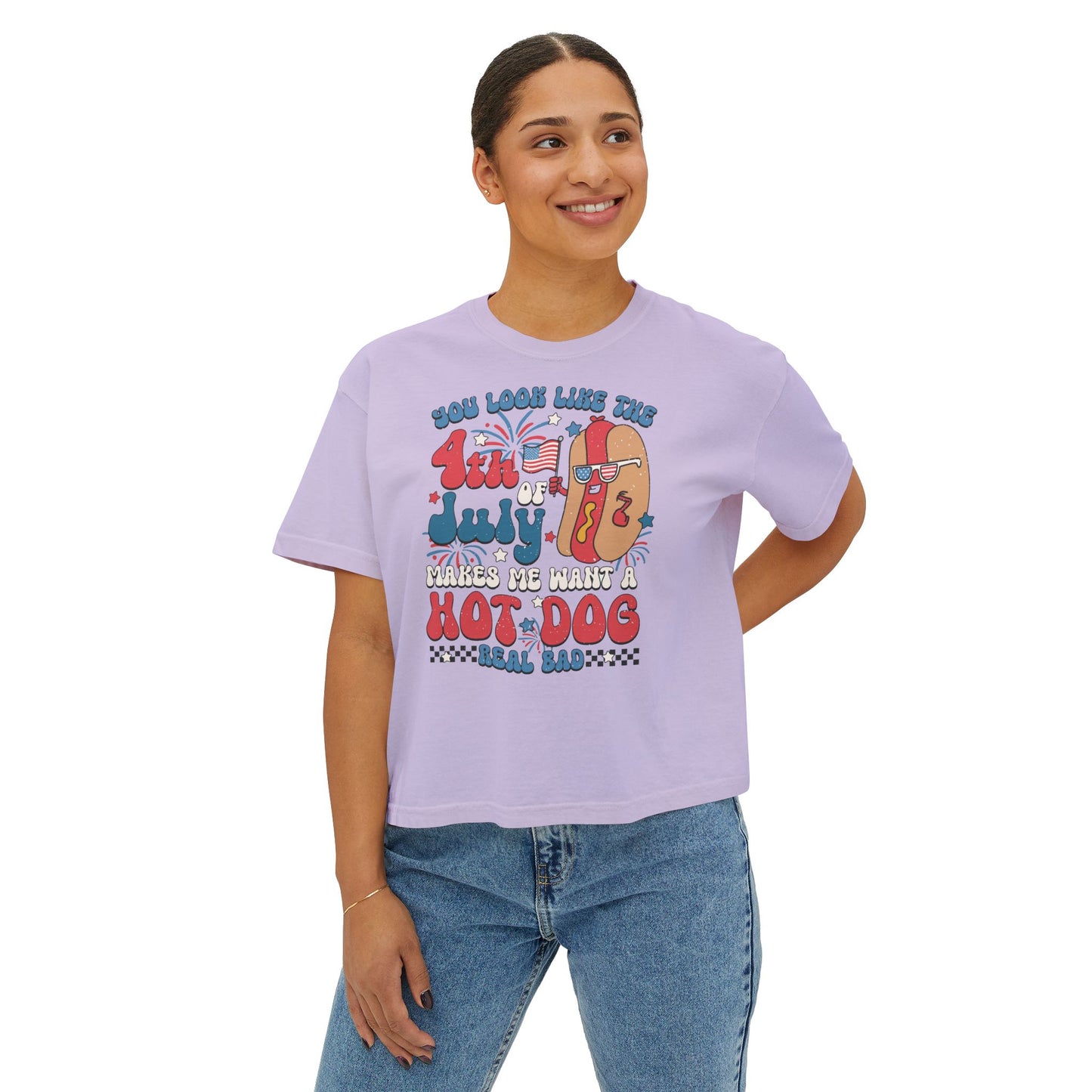 Patriotic July 4th Boxy Tee, Casual Summer Top, Fun Holiday Wear, Firework Theme Shirt, Independence Day T-Shirt