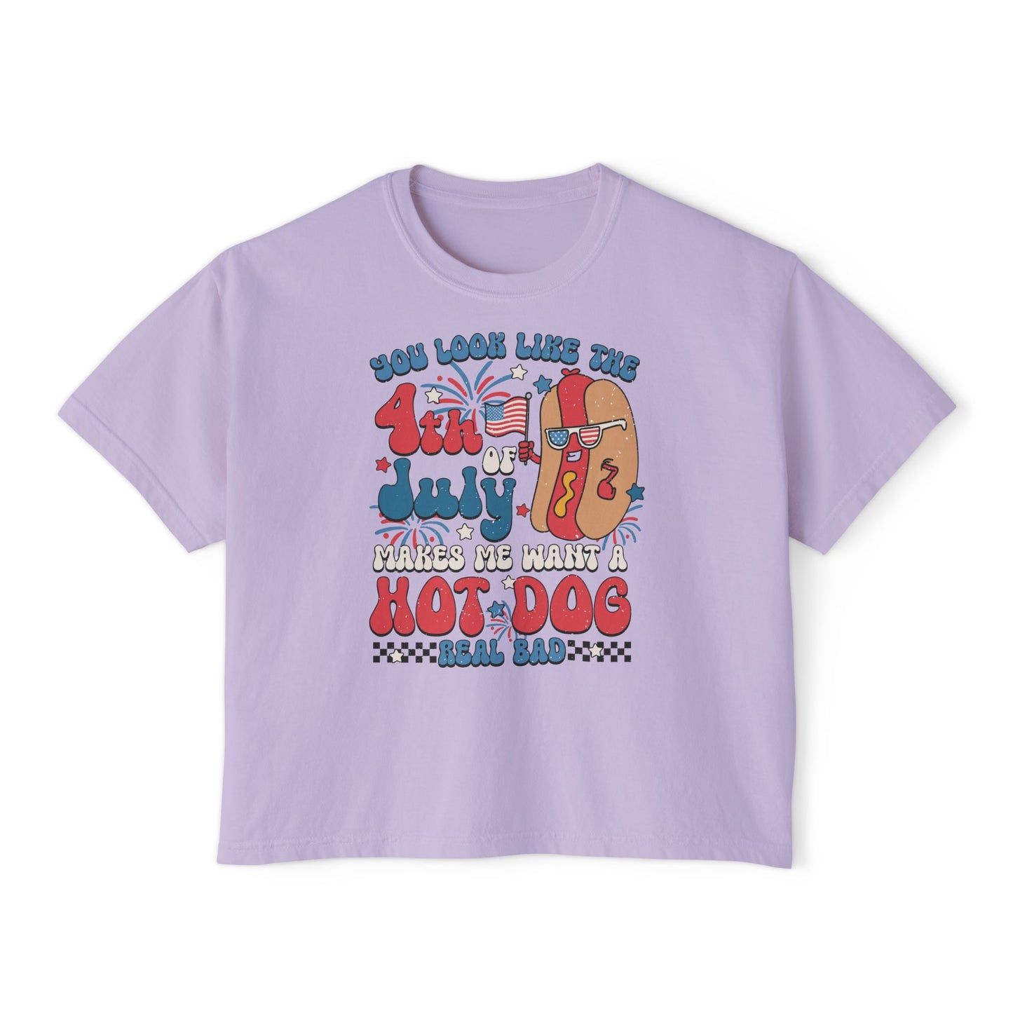 Patriotic July 4th Boxy Tee, Casual Summer Top, Fun Holiday Wear, Firework Theme Shirt, Independence Day T-Shirt