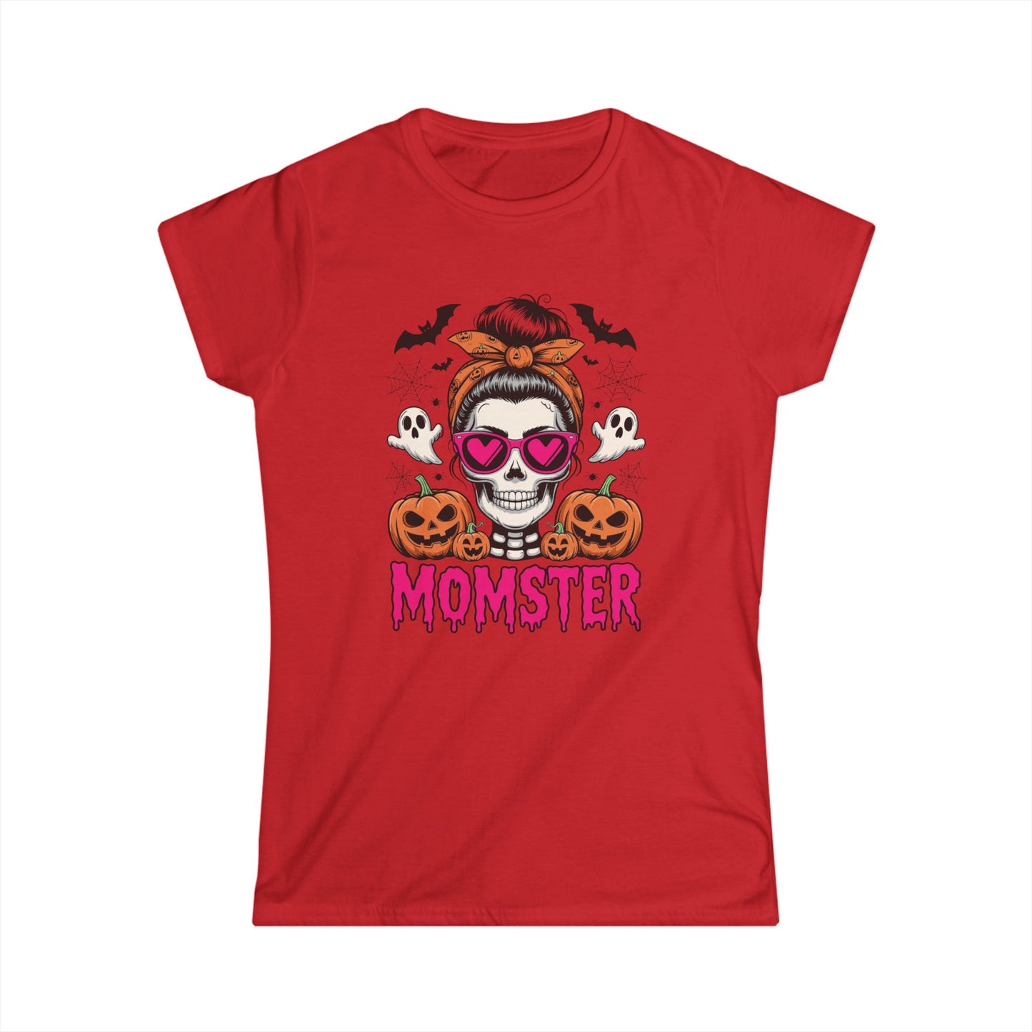 Momster Halloween Tee — Women’s Skull Mom T-Shirt with Pumpkins & Ghosts