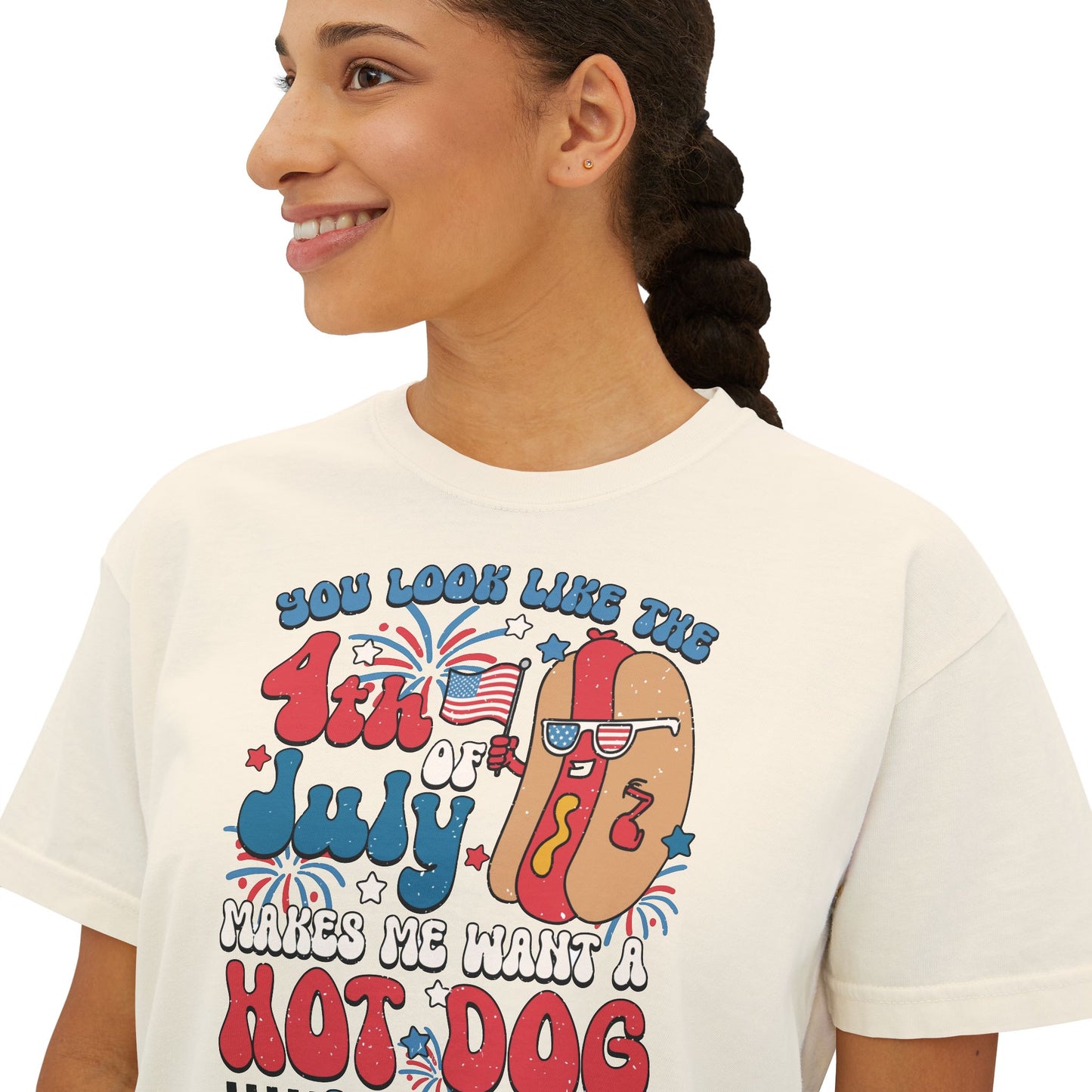 Patriotic July 4th Boxy Tee, Casual Summer Top, Fun Holiday Wear, Firework Theme Shirt, Independence Day T-Shirt