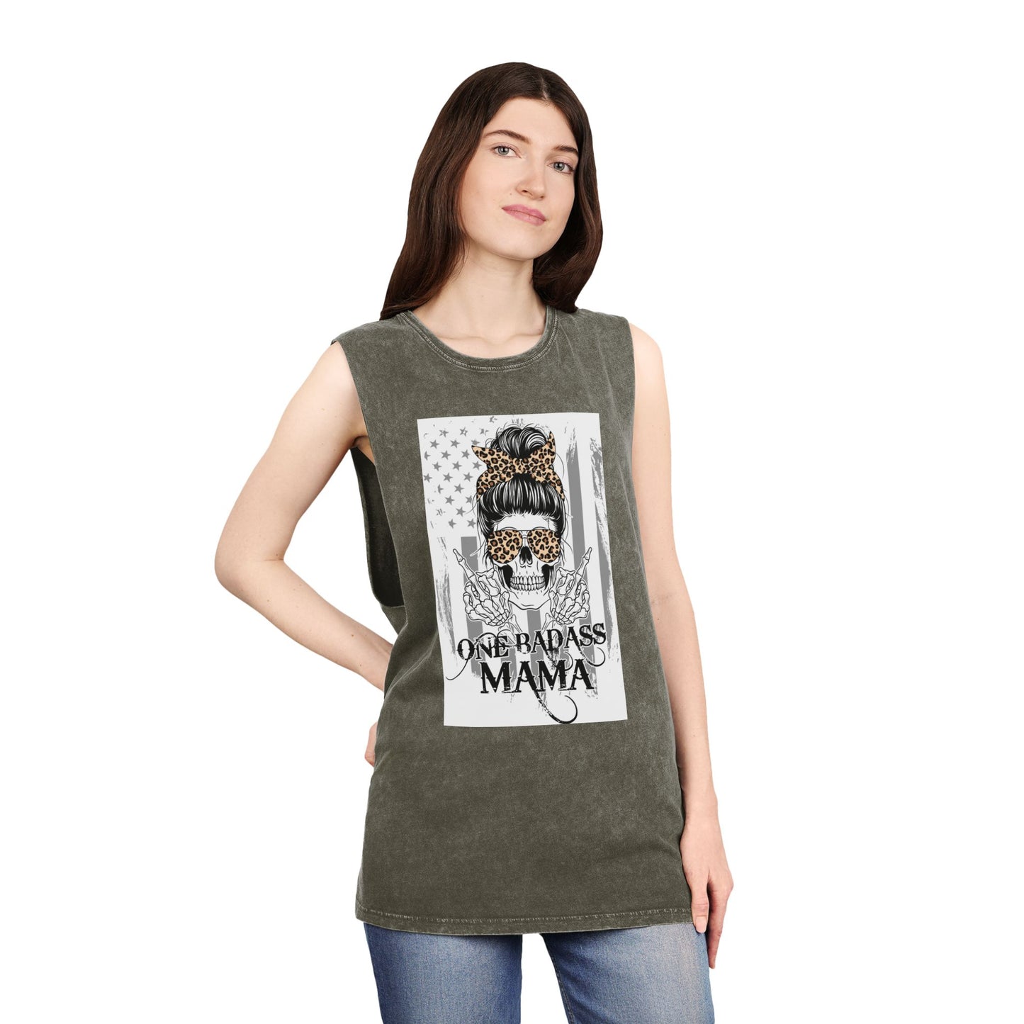 One Badass Mama Stonewash Tank Top | Unisex Graphic Tee for Strong Moms