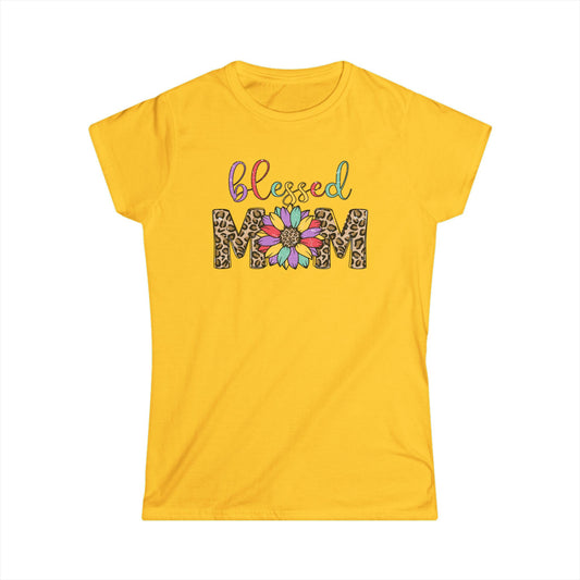 Blessed Mom Women's Softstyle Tee - Floral & Leopard Print Design