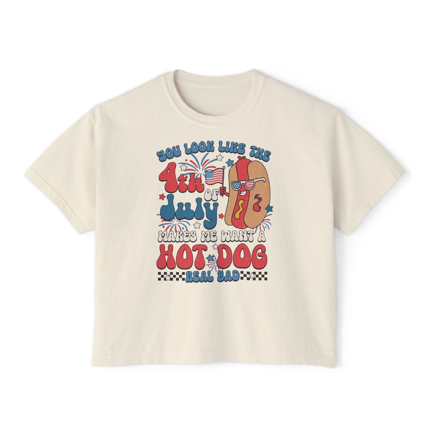Patriotic July 4th Boxy Tee, Casual Summer Top, Fun Holiday Wear, Firework Theme Shirt, Independence Day T-Shirt