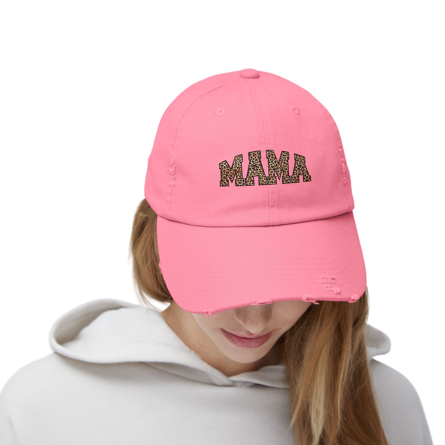 Distressed Mama Cap - Unisex Black Hat with Trendy Leopard Print