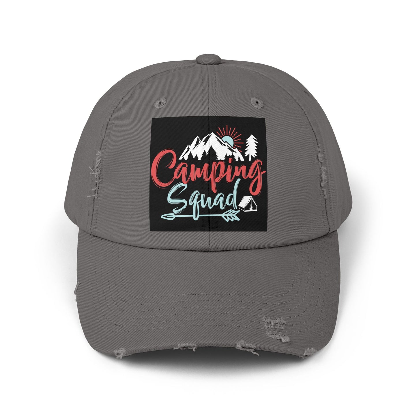 Camping Squad Distressed Cap | Unisex Headwear for Outdoor Adventures, Gifts for Campers, Summer Vibes, Travel Accessories, Hiking Cap
