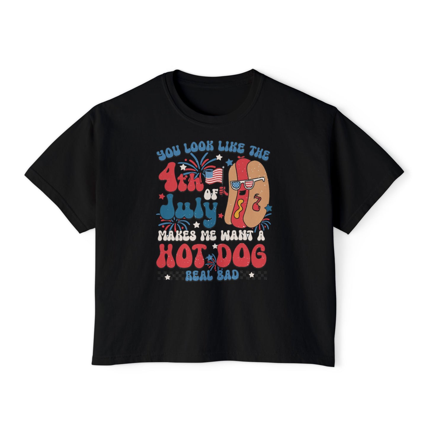 Patriotic July 4th Boxy Tee, Casual Summer Top, Fun Holiday Wear, Firework Theme Shirt, Independence Day T-Shirt