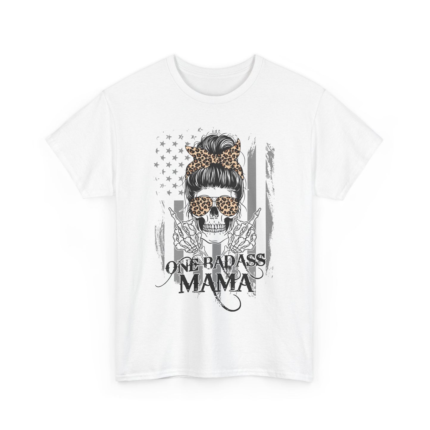 One Badass Mama Unisex Heavy Cotton Tee - Skull and Leopard Print