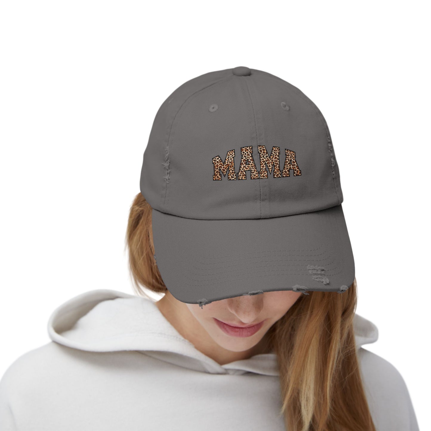Distressed Mama Cap - Unisex Black Hat with Trendy Leopard Print