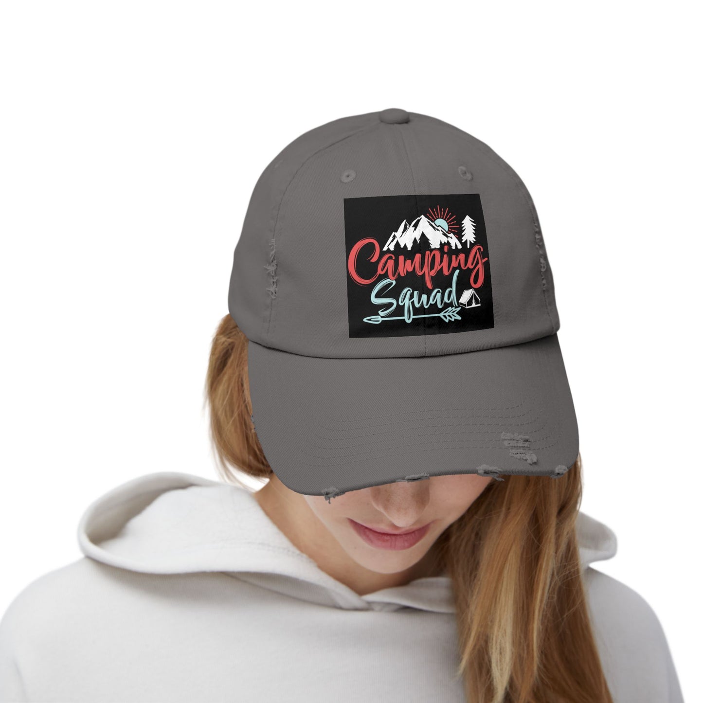 Camping Squad Distressed Cap | Unisex Headwear for Outdoor Adventures, Gifts for Campers, Summer Vibes, Travel Accessories, Hiking Cap