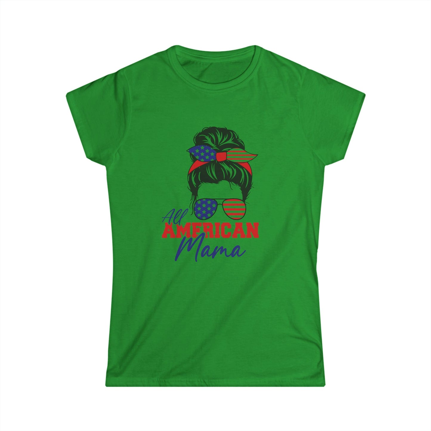 All American Mama Women's Softstyle Tee | Patriotic T-Shirt, Independence Day Apparel, Gifts for Moms, Summer Shirt, USA Pride Tee