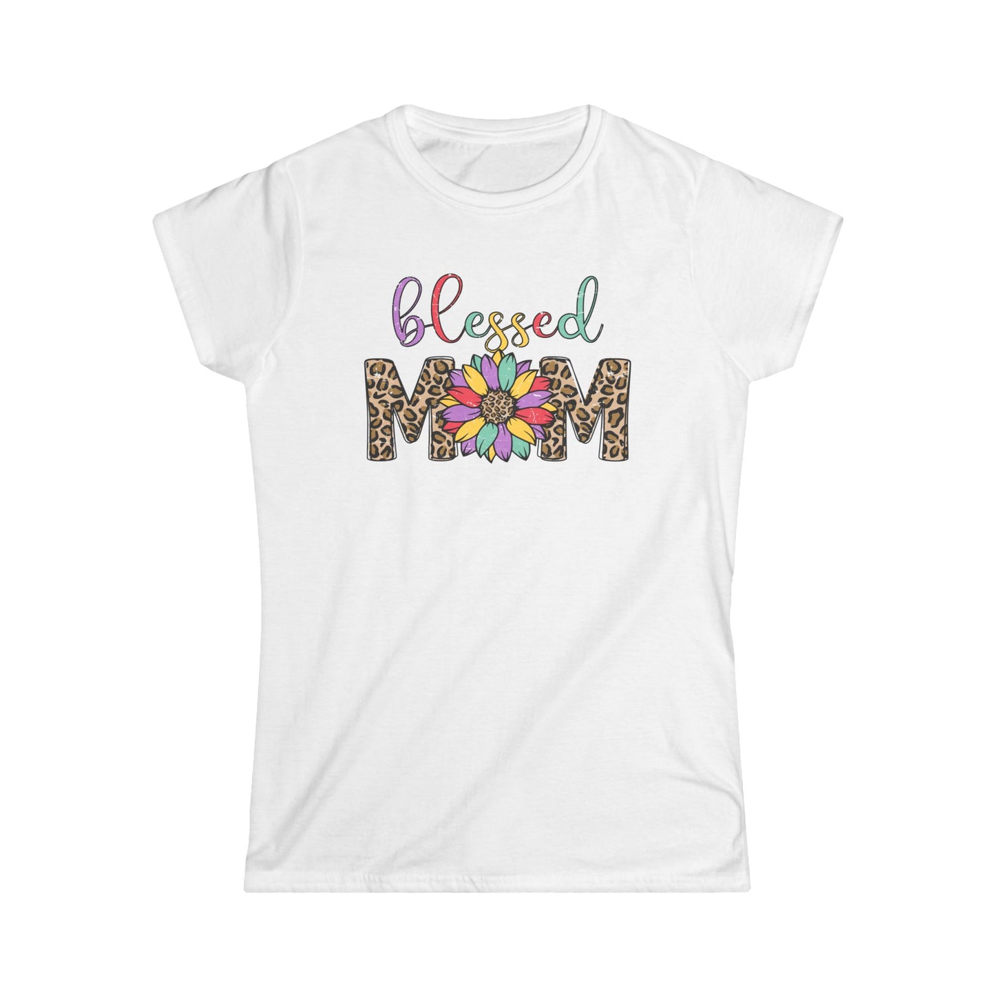 Blessed Mom Women's Softstyle Tee - Floral & Leopard Print Design