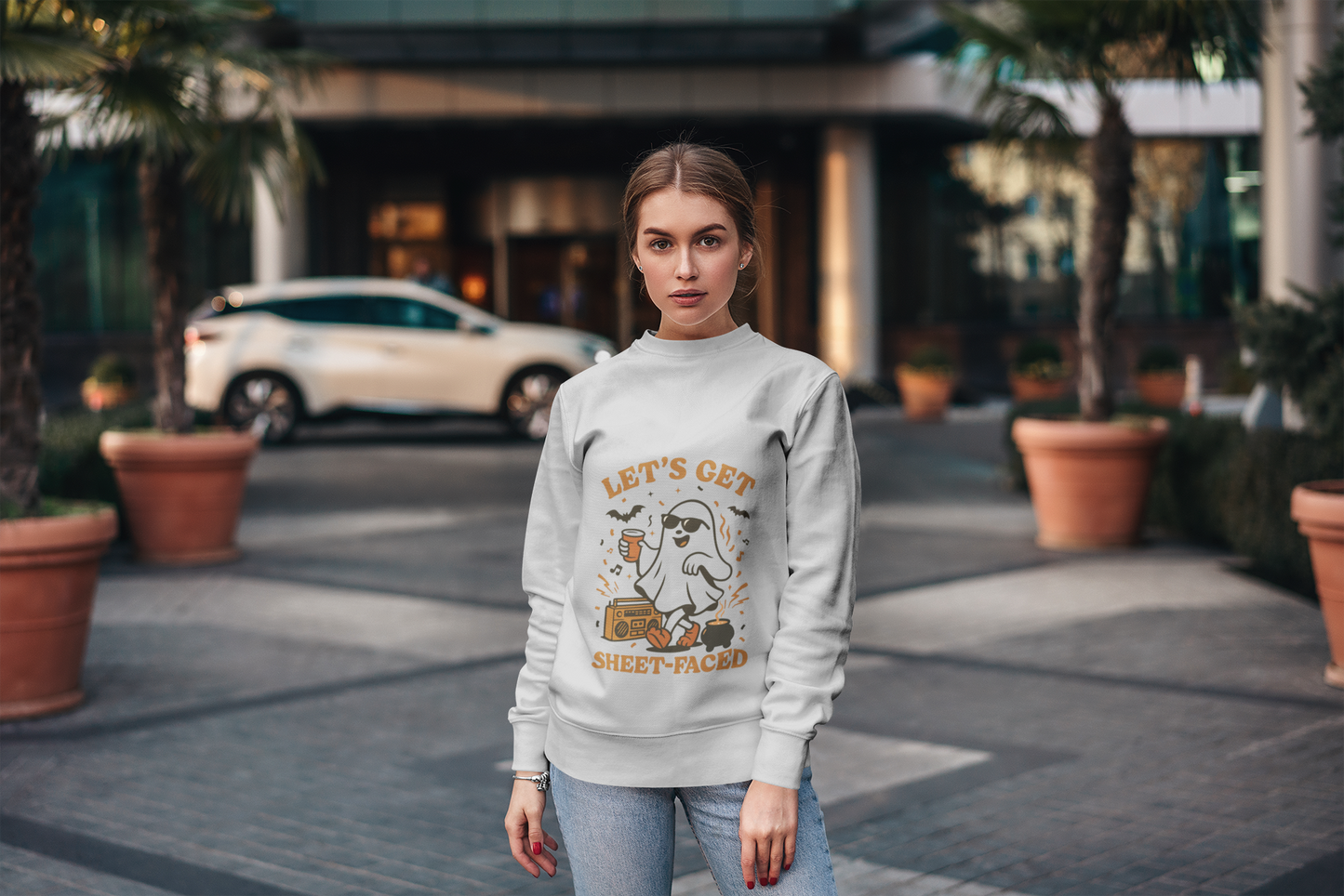 Let's Get Sheet-Faced Halloween Sweatshirt, Unisex Crewneck, Ghost Design, Perfect for Parties, Fall Celebrations, Cozy Wear
