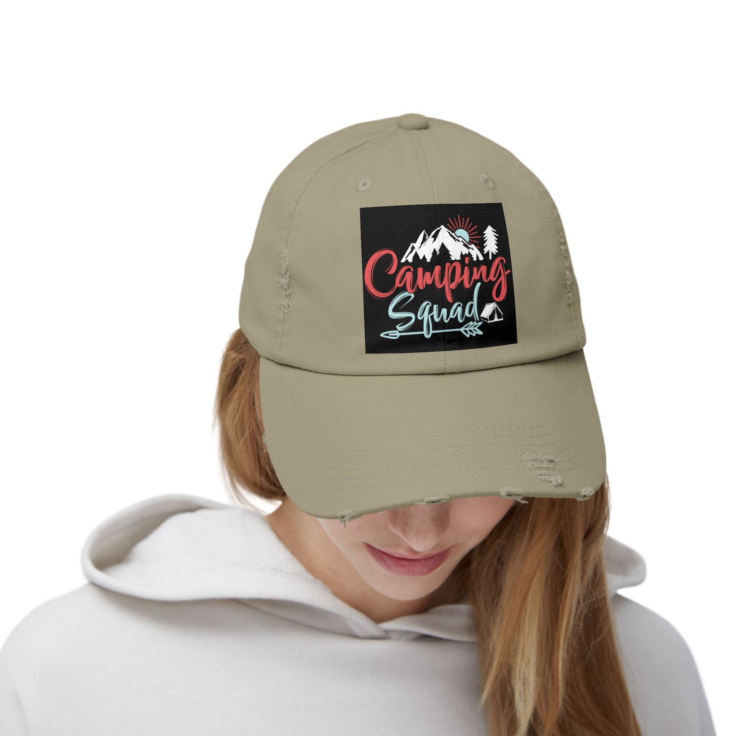 Camping Squad Distressed Cap | Unisex Headwear for Outdoor Adventures, Gifts for Campers, Summer Vibes, Travel Accessories, Hiking Cap