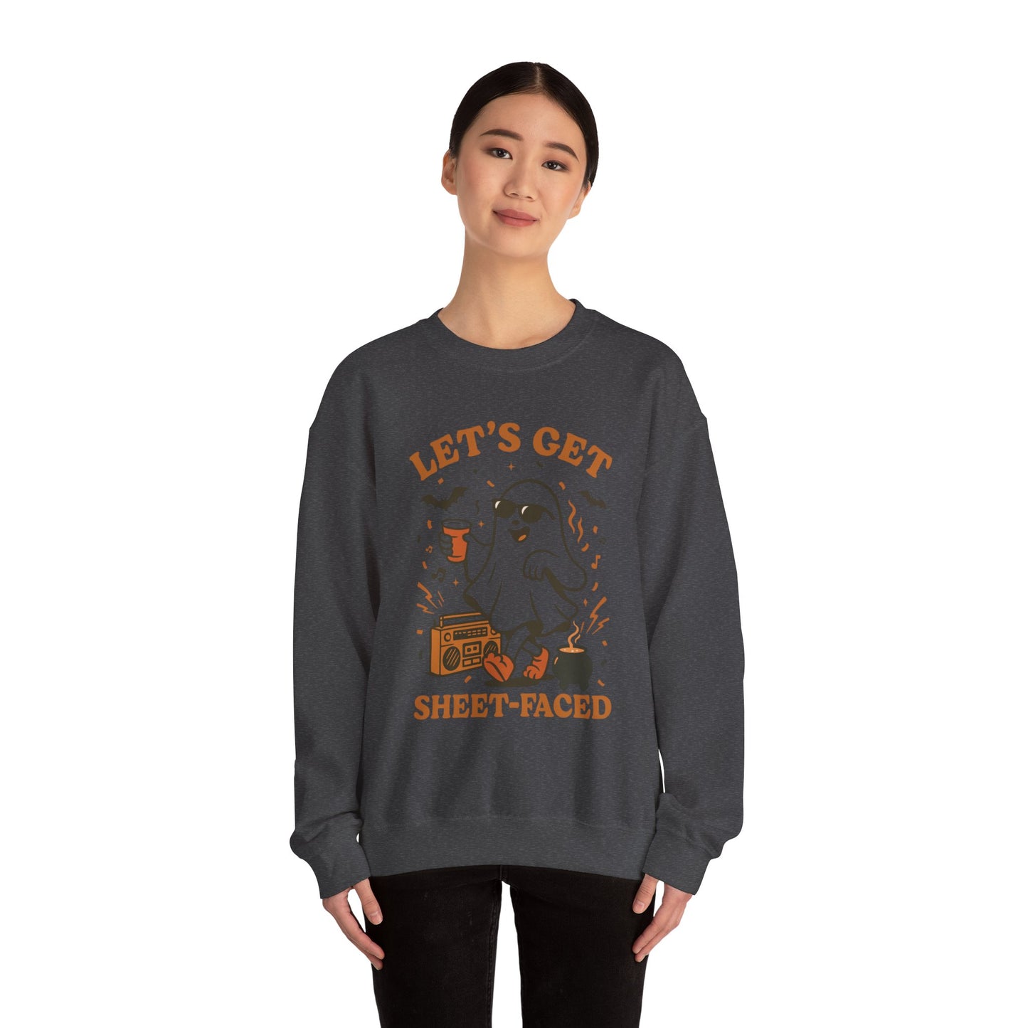 Let's Get Sheet-Faced Halloween Sweatshirt, Unisex Crewneck, Ghost Design, Perfect for Parties, Fall Celebrations, Cozy Wear