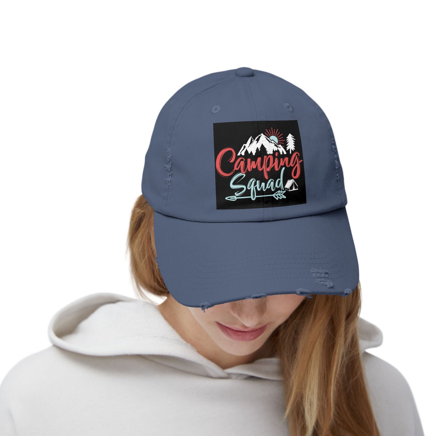 Camping Squad Distressed Cap | Unisex Headwear for Outdoor Adventures, Gifts for Campers, Summer Vibes, Travel Accessories, Hiking Cap