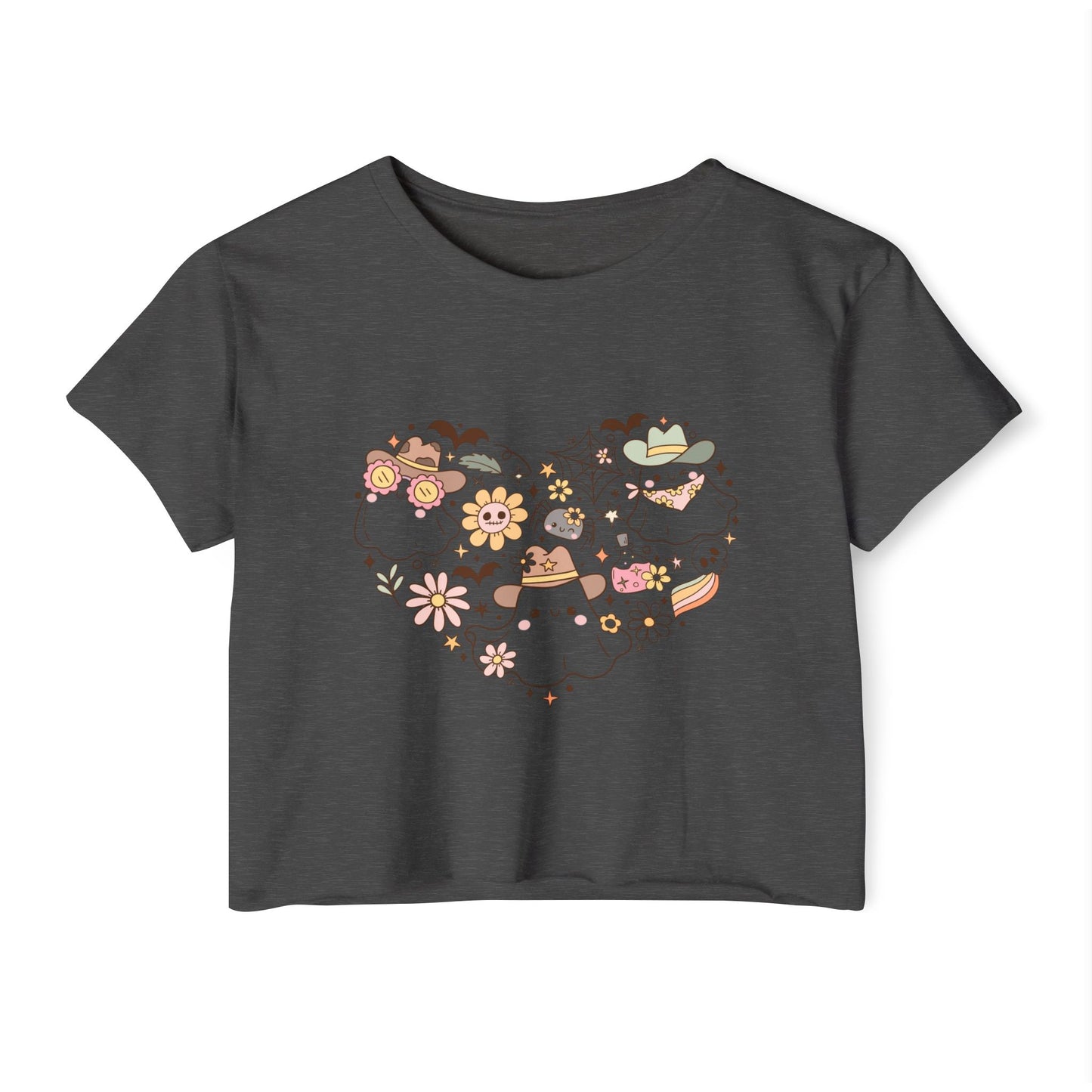 Women's crop Top with Floral Ghost Design, Summer T-Shirt, Boho Style Top, Festival Wear, Cute Casual Summer Shirt
