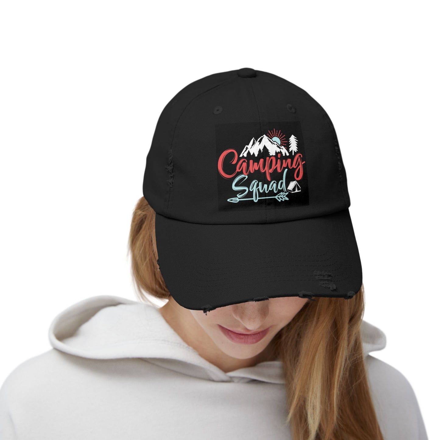Camping Squad Distressed Cap | Unisex Headwear for Outdoor Adventures, Gifts for Campers, Summer Vibes, Travel Accessories, Hiking Cap