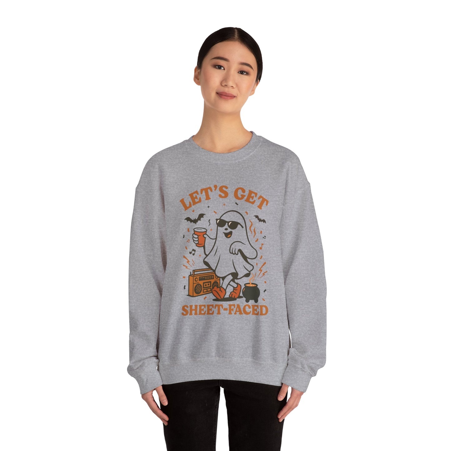 Let's Get Sheet-Faced Halloween Sweatshirt, Unisex Crewneck, Ghost Design, Perfect for Parties, Fall Celebrations, Cozy Wear