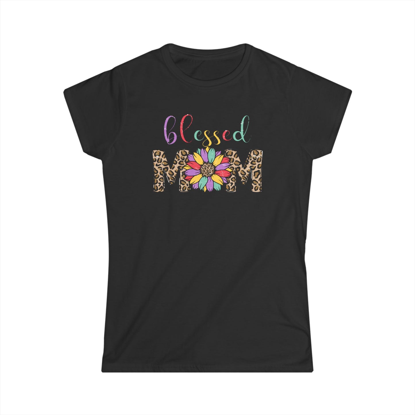 Blessed Mom Women's Softstyle Tee - Floral & Leopard Print Design