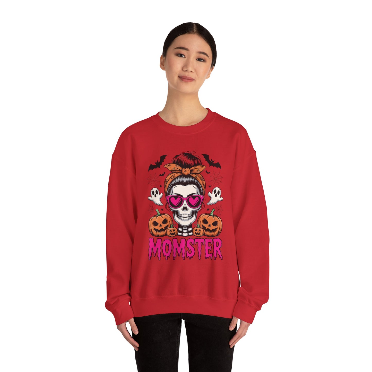 Momster Halloween Sweatshirt — Skull Mom with Pumpkins & Ghosts