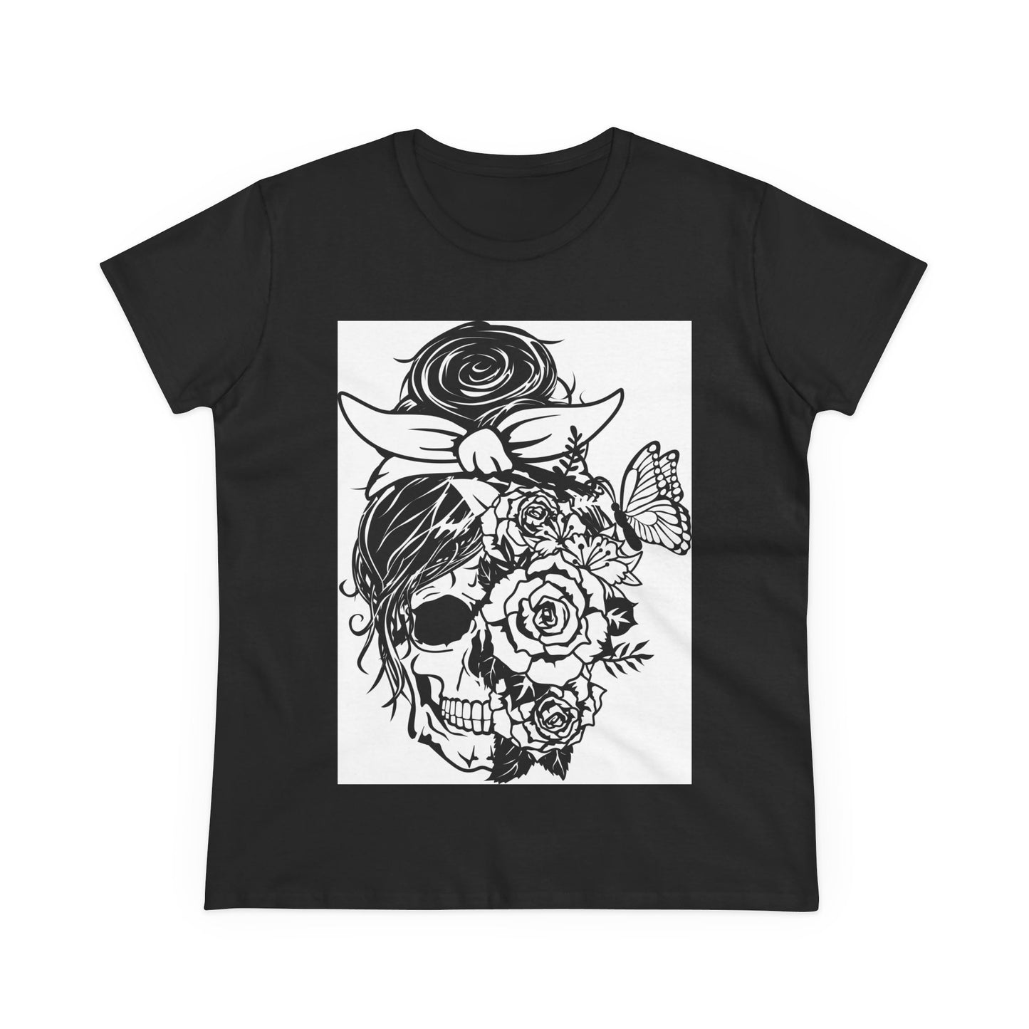Floral Skull Women's Midweight Cotton Tee - Bohemian Style Tee for Everyday Wear