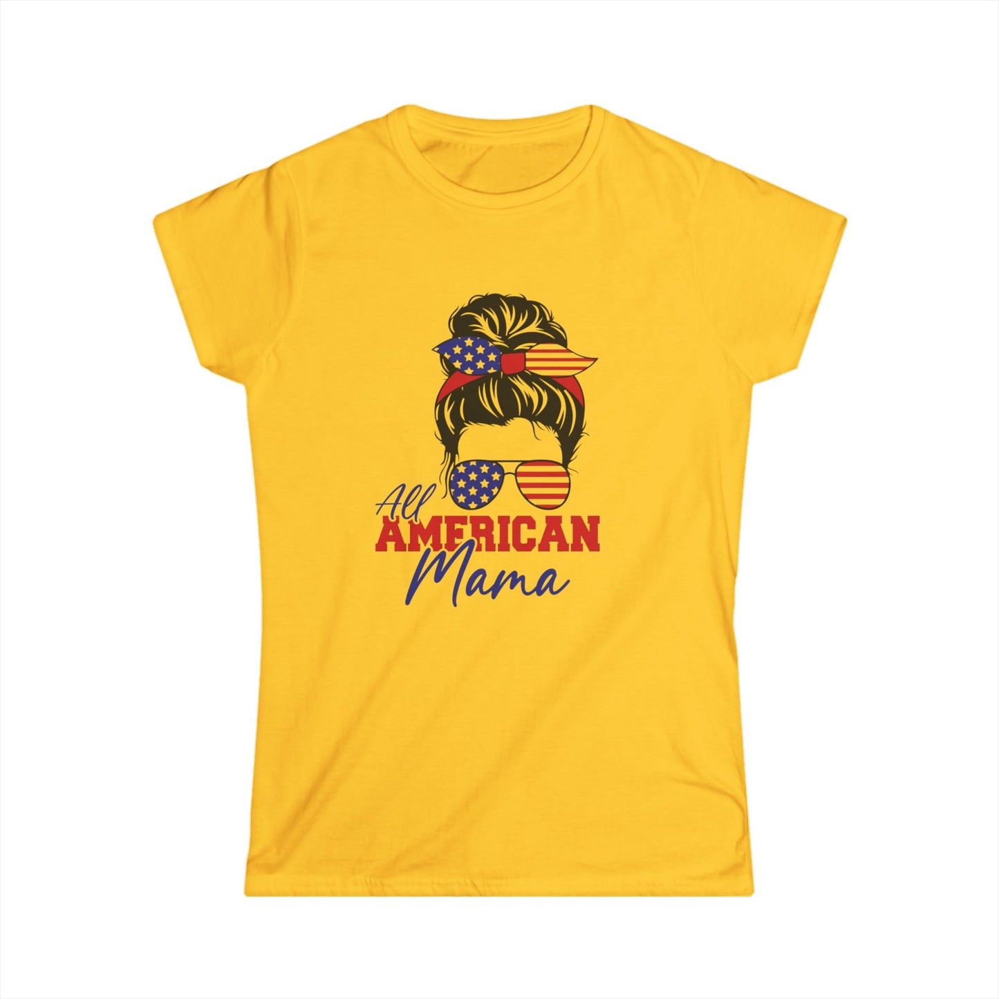 All American Mama Women's Softstyle Tee | Patriotic T-Shirt, Independence Day Apparel, Gifts for Moms, Summer Shirt, USA Pride Tee