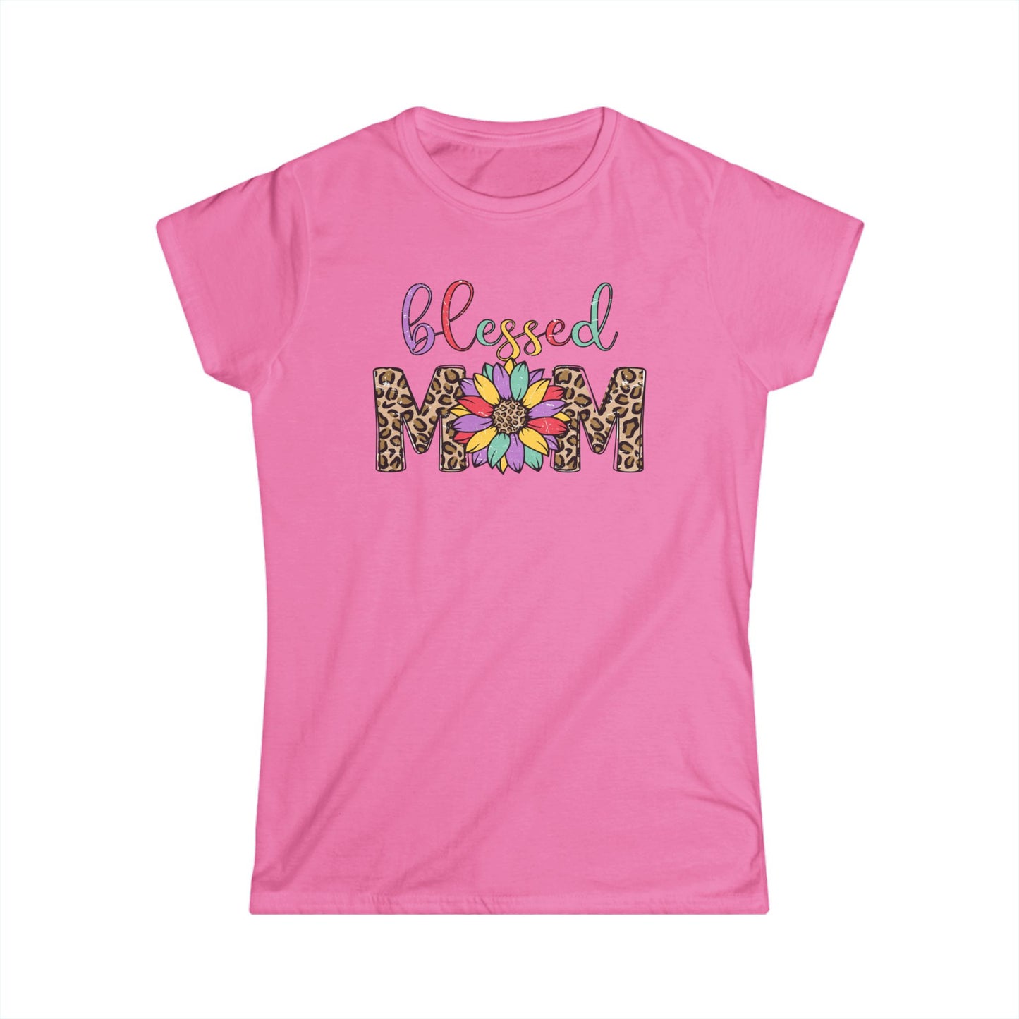 Blessed Mom Women's Softstyle Tee - Floral & Leopard Print Design