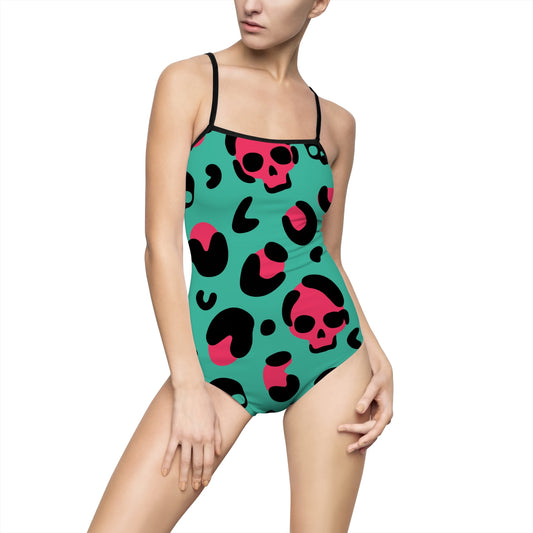 Stylish Skull Print Women's One-Piece Swimsuit, Summer Swimwear, Beach Party Outfit, Trendy Swim Costume, Pool Day Essential