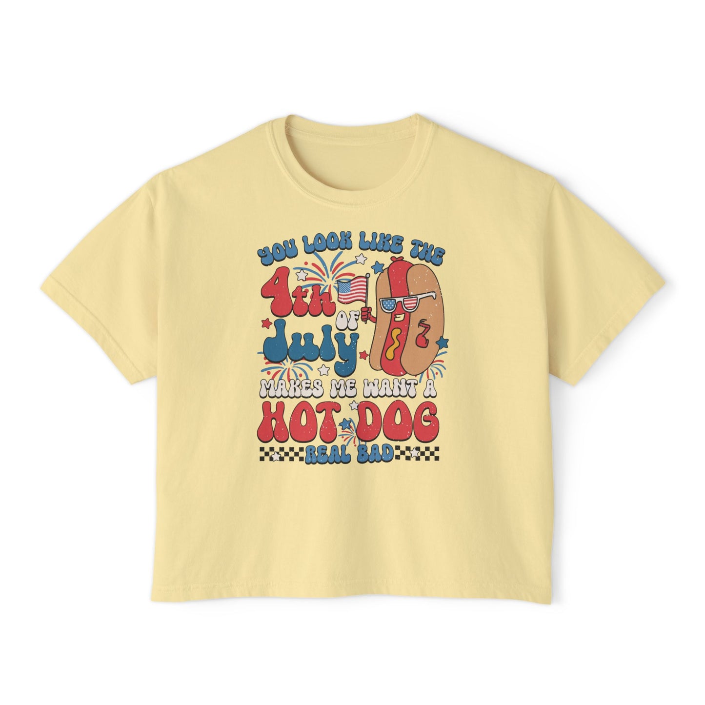 Patriotic July 4th Boxy Tee, Casual Summer Top, Fun Holiday Wear, Firework Theme Shirt, Independence Day T-Shirt