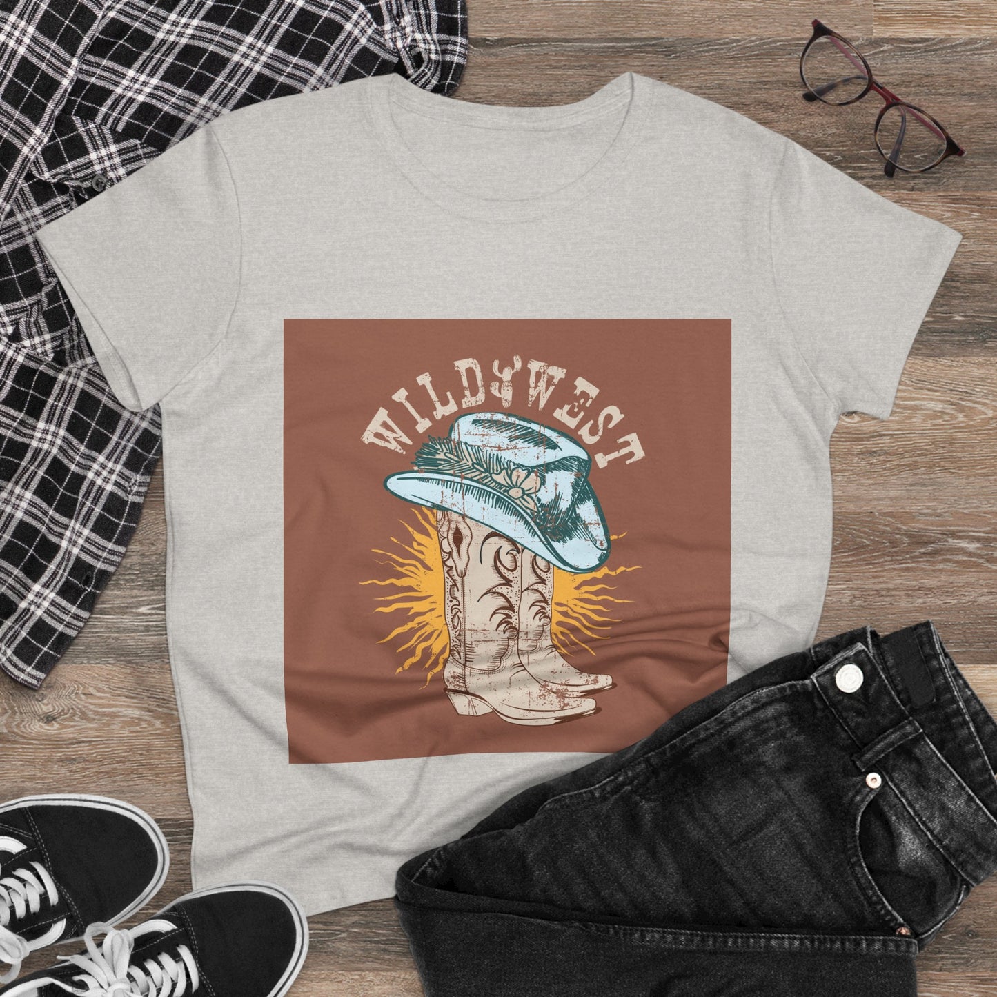 Wild West Women's Cotton Tee - Casual Summer Top, Boho Fashion, Vintage Graphic Shirt, Gift for Cowgirls, Western Wear