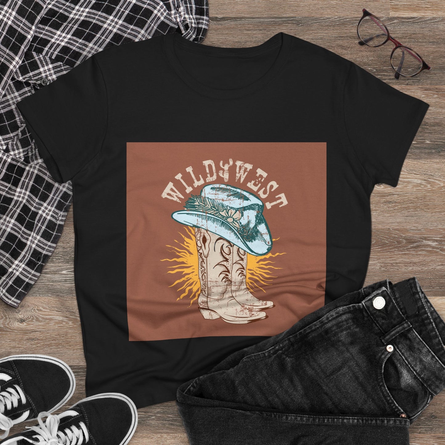 Wild West Women's Cotton Tee - Casual Summer Top, Boho Fashion, Vintage Graphic Shirt, Gift for Cowgirls, Western Wear