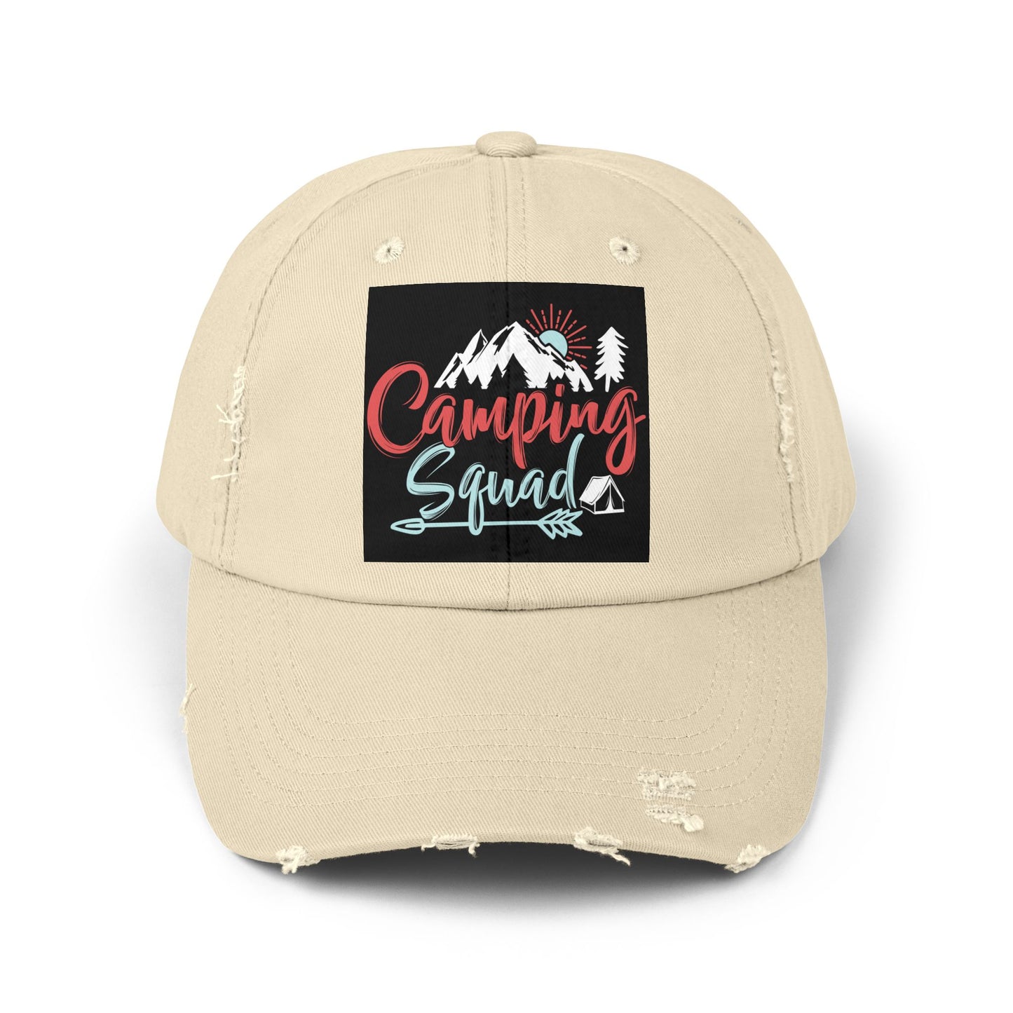Camping Squad Distressed Cap | Unisex Headwear for Outdoor Adventures, Gifts for Campers, Summer Vibes, Travel Accessories, Hiking Cap
